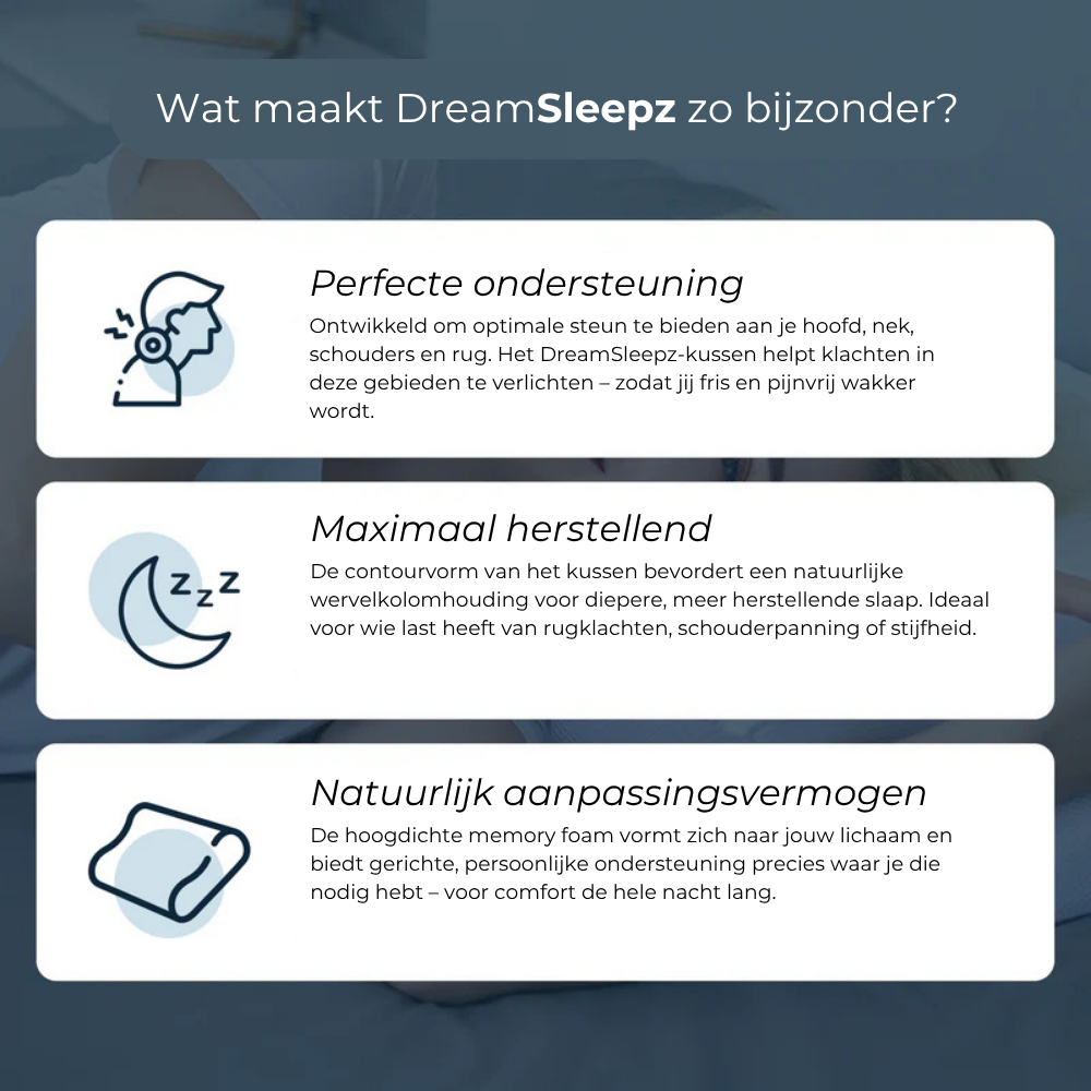 Het originele DreamSleepz kussen – Eindelijk pijnvrij en uitgerust wakker worden